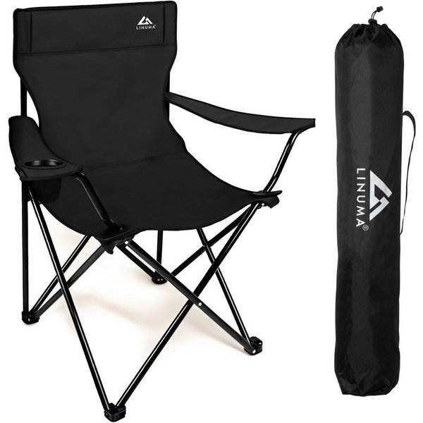 LINUMA Campingstuhl faltbar mit extra großem Getränkehalter, stabiler Klappstuhl schwarz (1 St), Faltbarer Campingstuhl mit XL-Getränkehalter für Festival & Out