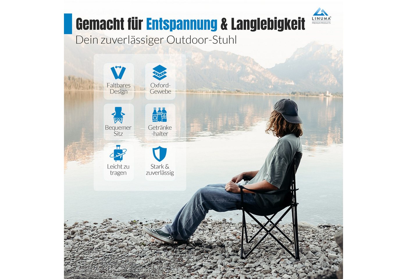 LINUMA Campingstuhl faltbar mit extra großem Getränkehalter, stabiler Klappstuhl schwarz (1 St), Faltbarer Campingstuhl mit XL-Getränkehalter für Festival & Out – Bild 2 von 5