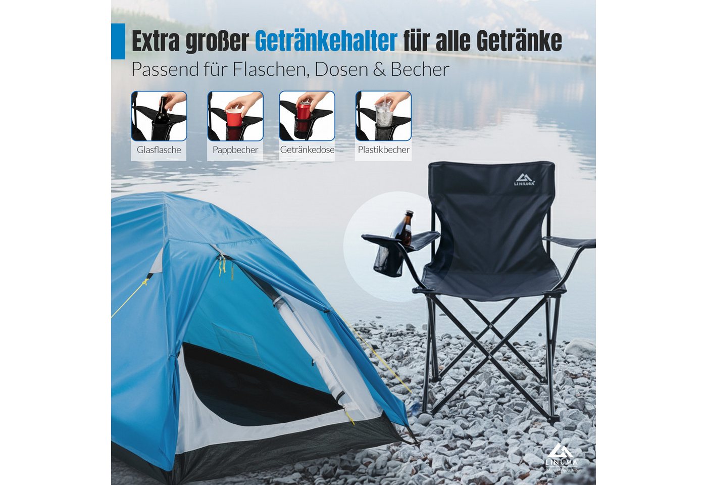 LINUMA Campingstuhl faltbar mit extra großem Getränkehalter, stabiler Klappstuhl schwarz (1 St), Faltbarer Campingstuhl mit XL-Getränkehalter für Festival & Out – Bild 3 von 5