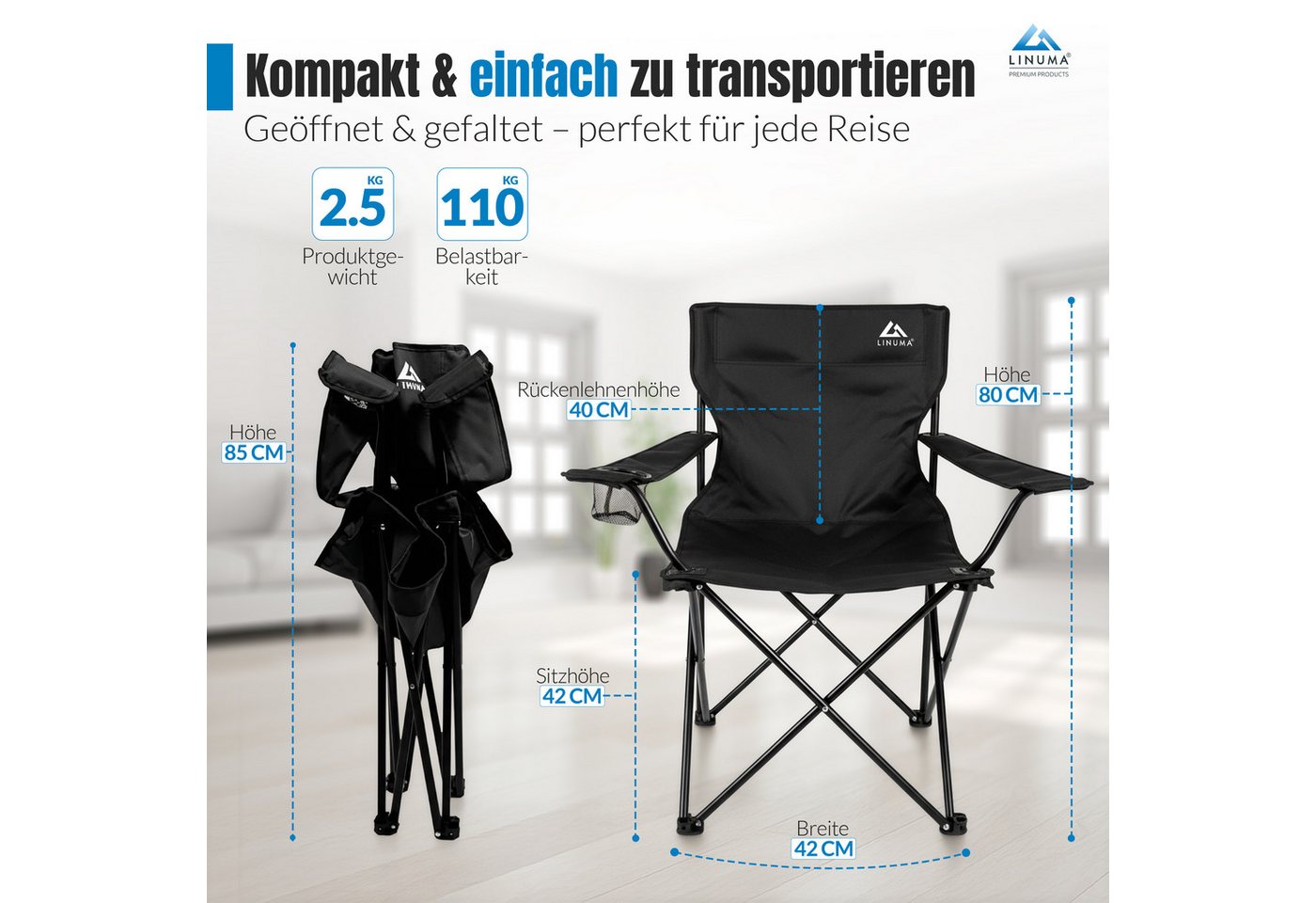 LINUMA Campingstuhl faltbar mit extra großem Getränkehalter, stabiler Klappstuhl schwarz (1 St), Faltbarer Campingstuhl mit XL-Getränkehalter für Festival & Out – Bild 4 von 5