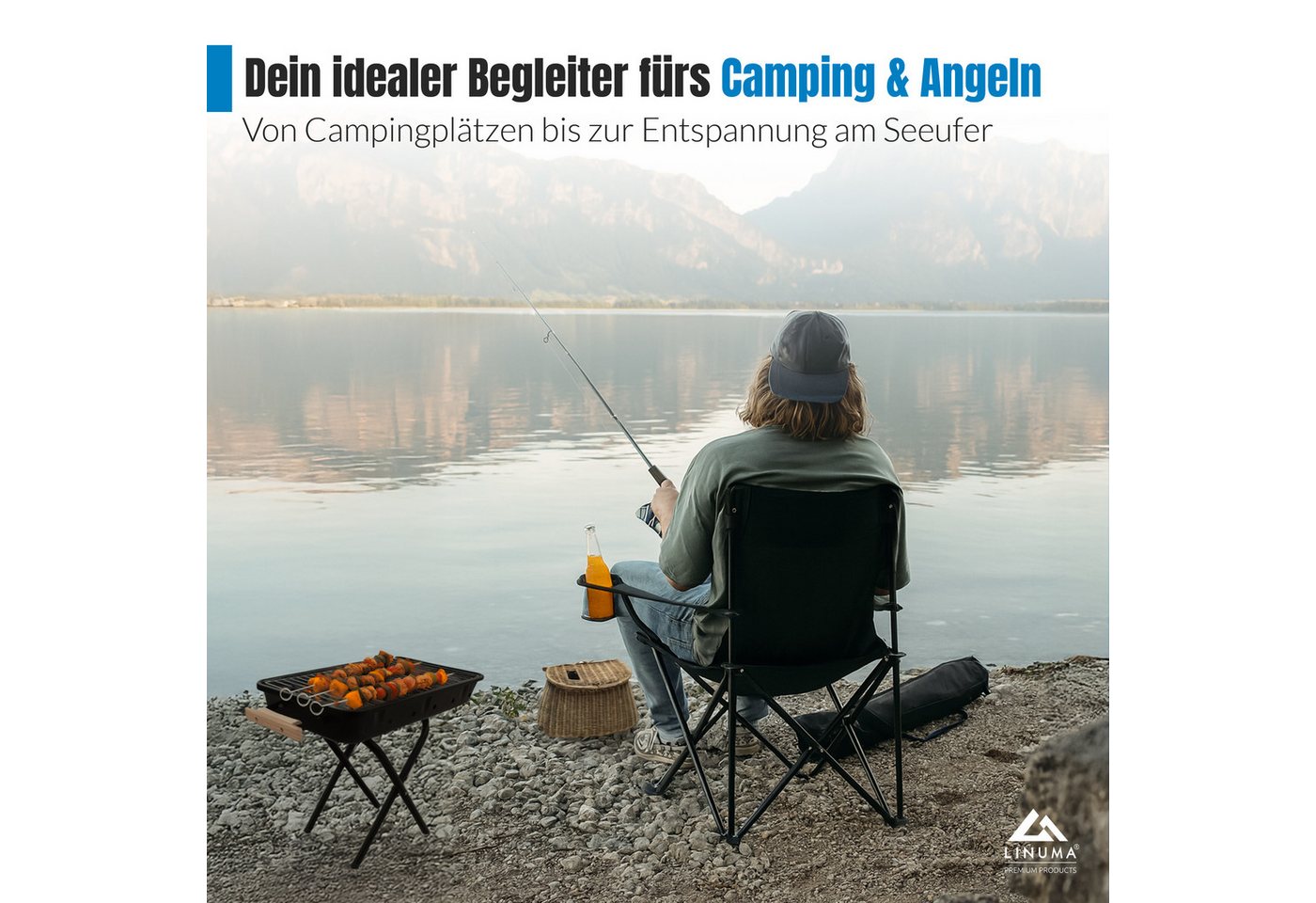 LINUMA Campingstuhl faltbar mit extra großem Getränkehalter, stabiler Klappstuhl schwarz (1 St), Faltbarer Campingstuhl mit XL-Getränkehalter für Festival & Out – Bild 5 von 5