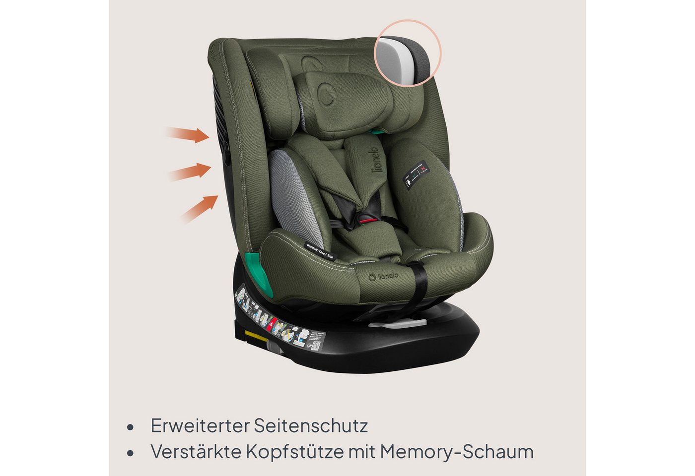 lionelo Autokindersitz BASTIAAN ONE i-SIZE, ab: ab Geburt, bis: 12 Jahren, ab: 40,00 cm, bis: 150,00 cm, (Set), 4 in 1/i-Size/Dri-Seat/360 Grad/0-36kg – Bild 5 von 5