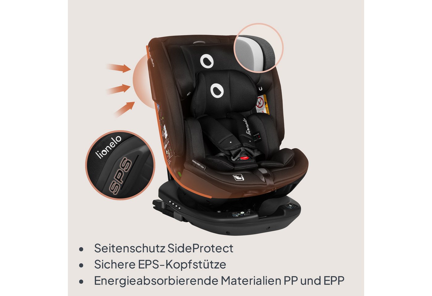 lionelo Autokindersitz Bastiaan RWF i-Size, ab: ab 0, bis: bis 150 cm (36kg), ab: 40,00 cm, bis: 150,00 cm, (Set), 4 Sitze in 1/360' drehbare Basis / ISOFIX / T – Bild 4 von 5