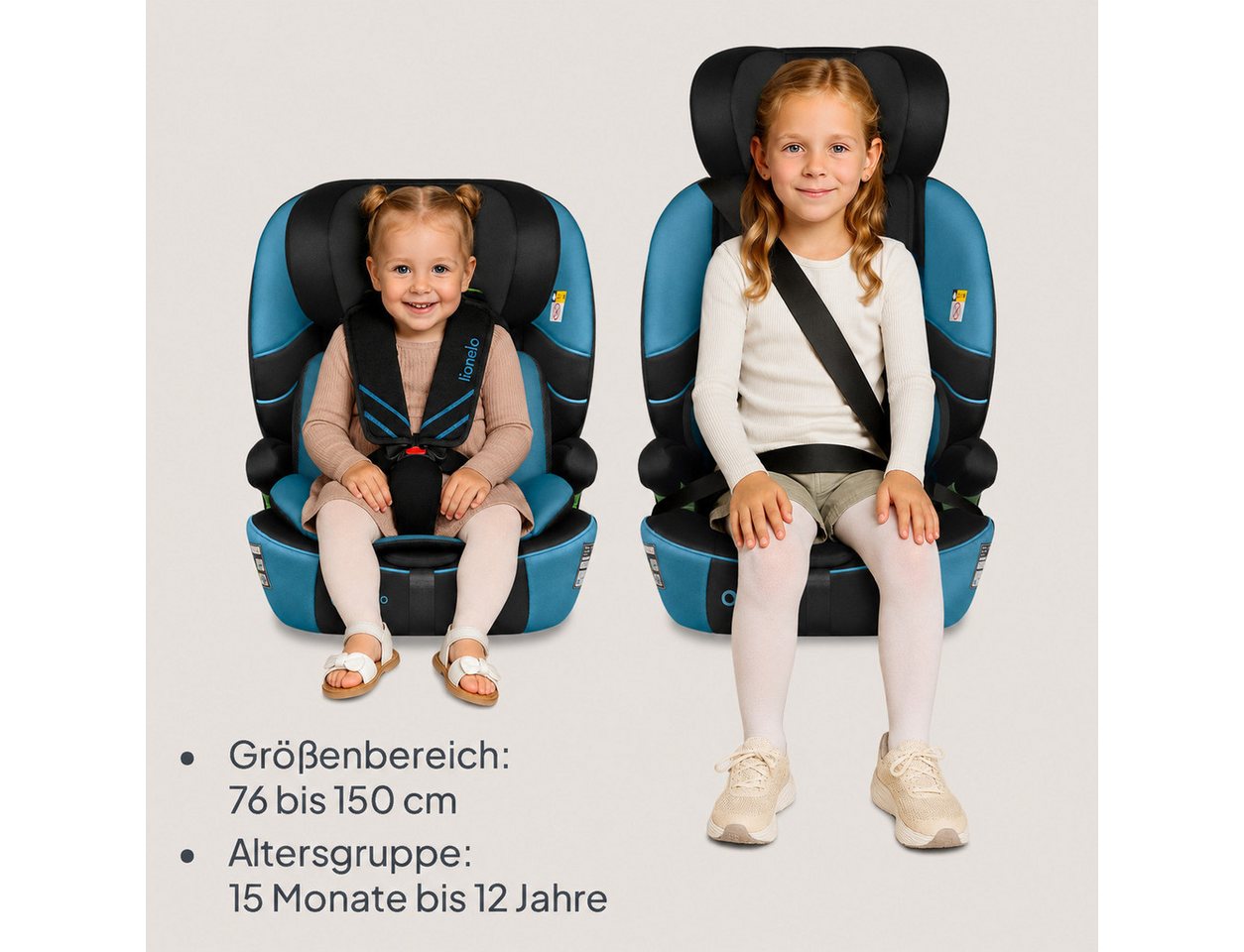lionelo Autokindersitz LEVI FIX I-SIZE, ab: ab 15 Montaen, bis: Bis ca. 12 Jahre (150 cm), ab: 76 cm, bis: 150 cm, (Set), Dri-Seat/ISOFIX/TopTether/Reduziereins – Bild 2 von 5