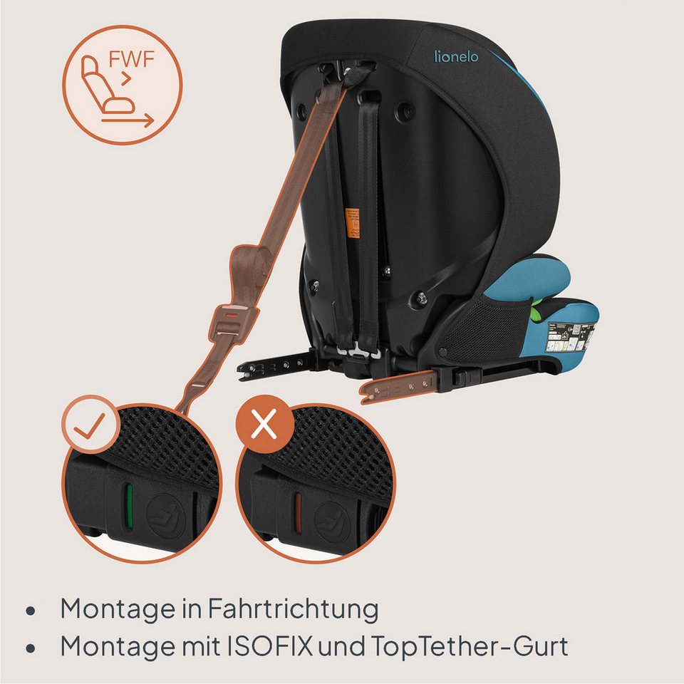 lionelo Autokindersitz LEVI FIX I-SIZE, ab: ab 15 Montaen, bis: Bis ca. 12 Jahre (150 cm), ab: 76 cm, bis: 150 cm, (Set), Dri-Seat/ISOFIX/TopTether/Reduziereins – Bild 5 von 5