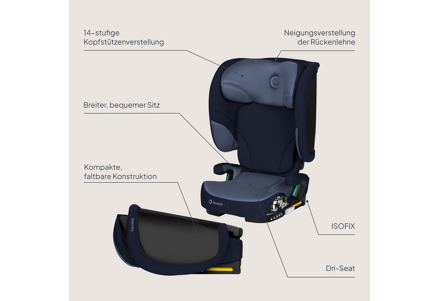 lionelo Autokindersitz ORIN I-SIZE, ab: ab ca. 3,5 Jahren, bis: bis ca. 12 Jahren, ab: 100 cm, bis: 150 cm, (Kindersitz mit Transporttasche und Becherhalter), i – Bild 3 von 5