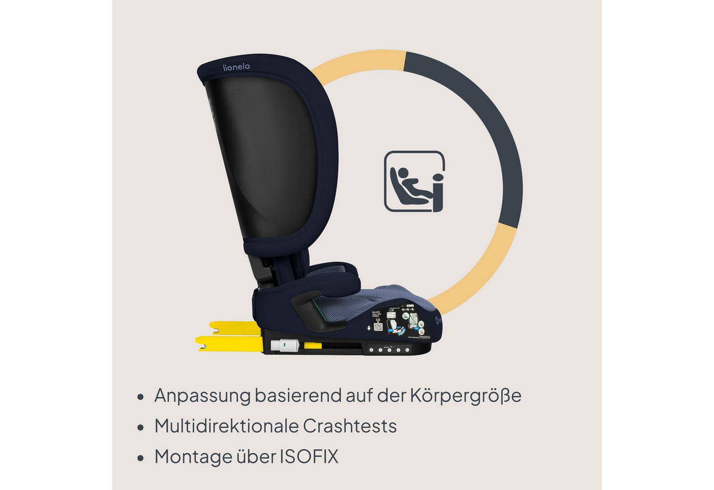 lionelo Autokindersitz ORIN I-SIZE, ab: ab ca. 3,5 Jahren, bis: bis ca. 12 Jahren, ab: 100 cm, bis: 150 cm, (Kindersitz mit Transporttasche und Becherhalter), i – Bild 4 von 5
