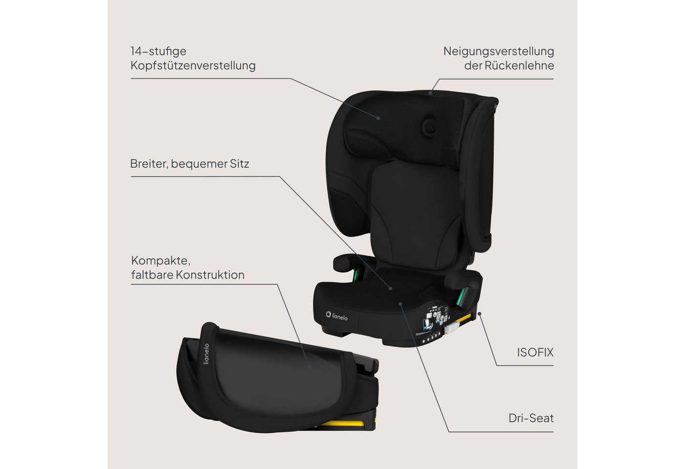 lionelo Autokindersitz ORIN I-SIZE, ab: ab ca. 3,5 Jahren, bis: bis ca. 12 Jahren, ab: 100 cm, bis: 150 cm, (Kindersitz mit Transporttasche und Becherhalter), i – Bild 3 von 5