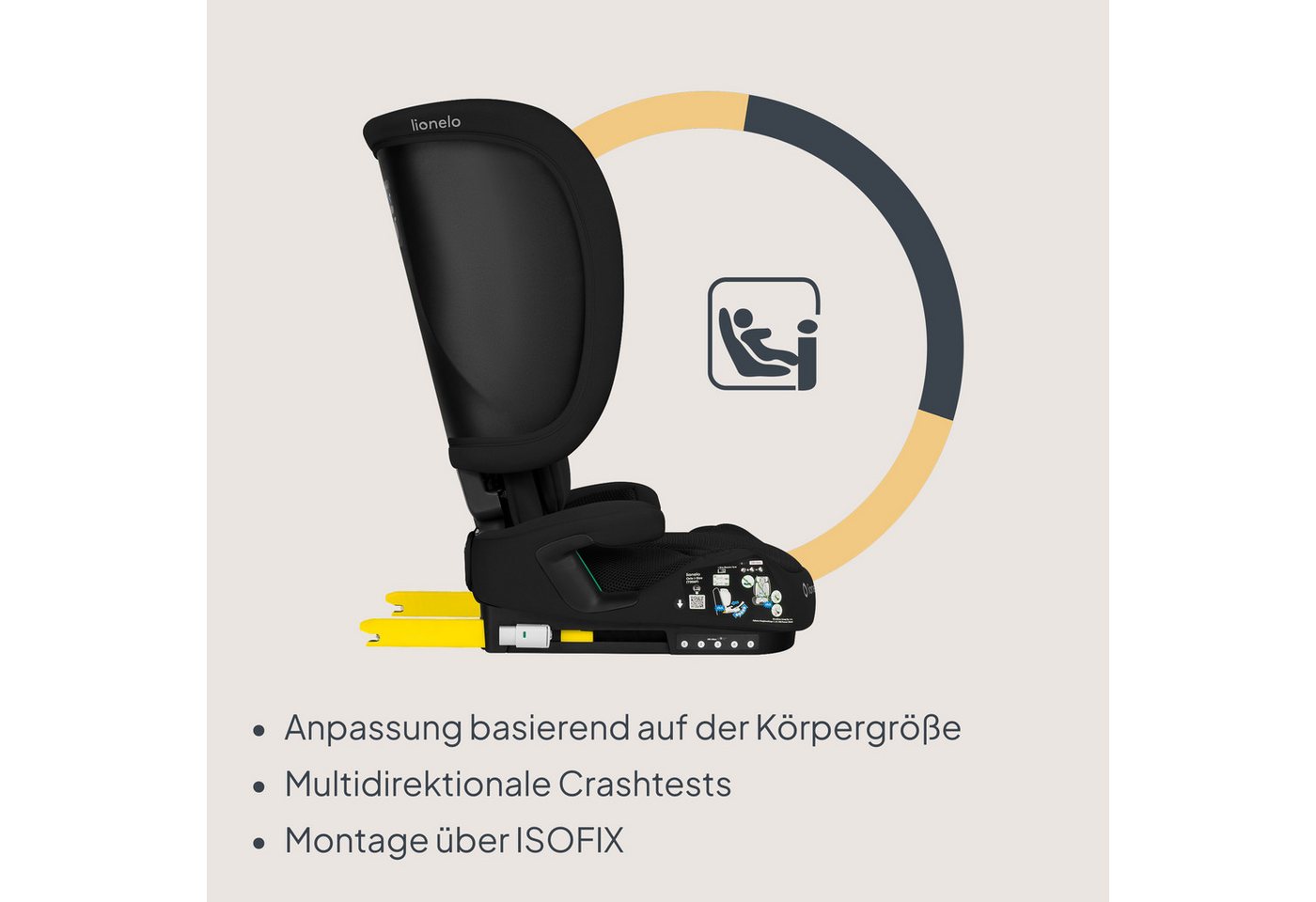 lionelo Autokindersitz ORIN I-SIZE, ab: ab ca. 3,5 Jahren, bis: bis ca. 12 Jahren, ab: 100 cm, bis: 150 cm, (Kindersitz mit Transporttasche und Becherhalter), i – Bild 4 von 5