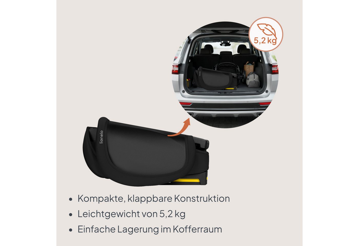 lionelo Autokindersitz ORIN I-SIZE, ab: ab ca. 3,5 Jahren, bis: bis ca. 12 Jahren, ab: 100 cm, bis: 150 cm, (Kindersitz mit Transporttasche und Becherhalter), i – Bild 5 von 5