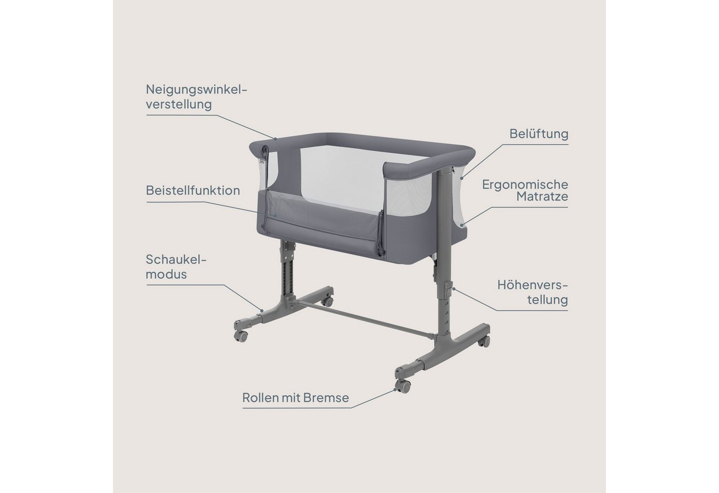 lionelo Baby-Reisebett AURORA, 3-in-1: Beistellbett, Babywiege, freistehendes Babybett – Bild 2 von 5