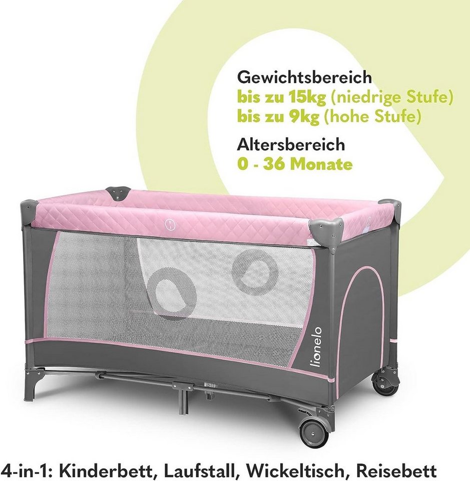 lionelo Baby-Reisebett FLOWER, 4in1:Laufstall Baby, Wickeltisch, Zwei Matratzenaufhängungshöhen – Bild 2 von 5