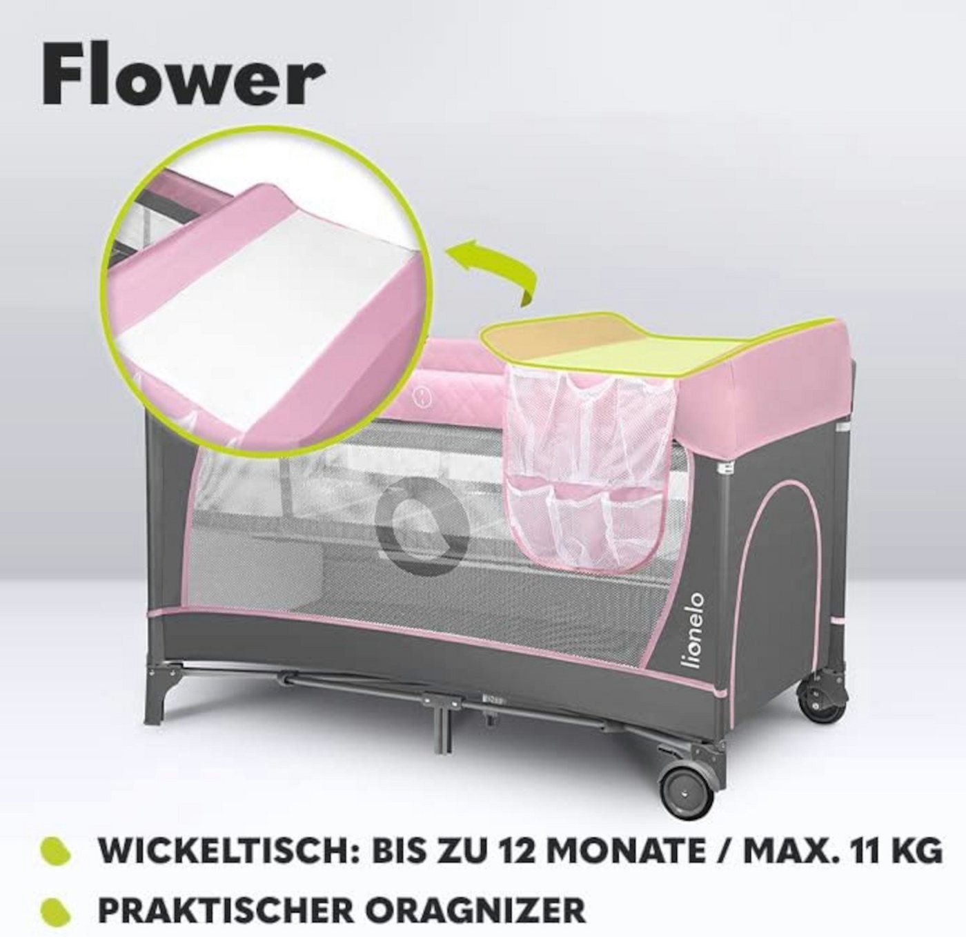 lionelo Baby-Reisebett FLOWER, 4in1:Laufstall Baby, Wickeltisch, Zwei Matratzenaufhängungshöhen – Bild 3 von 5