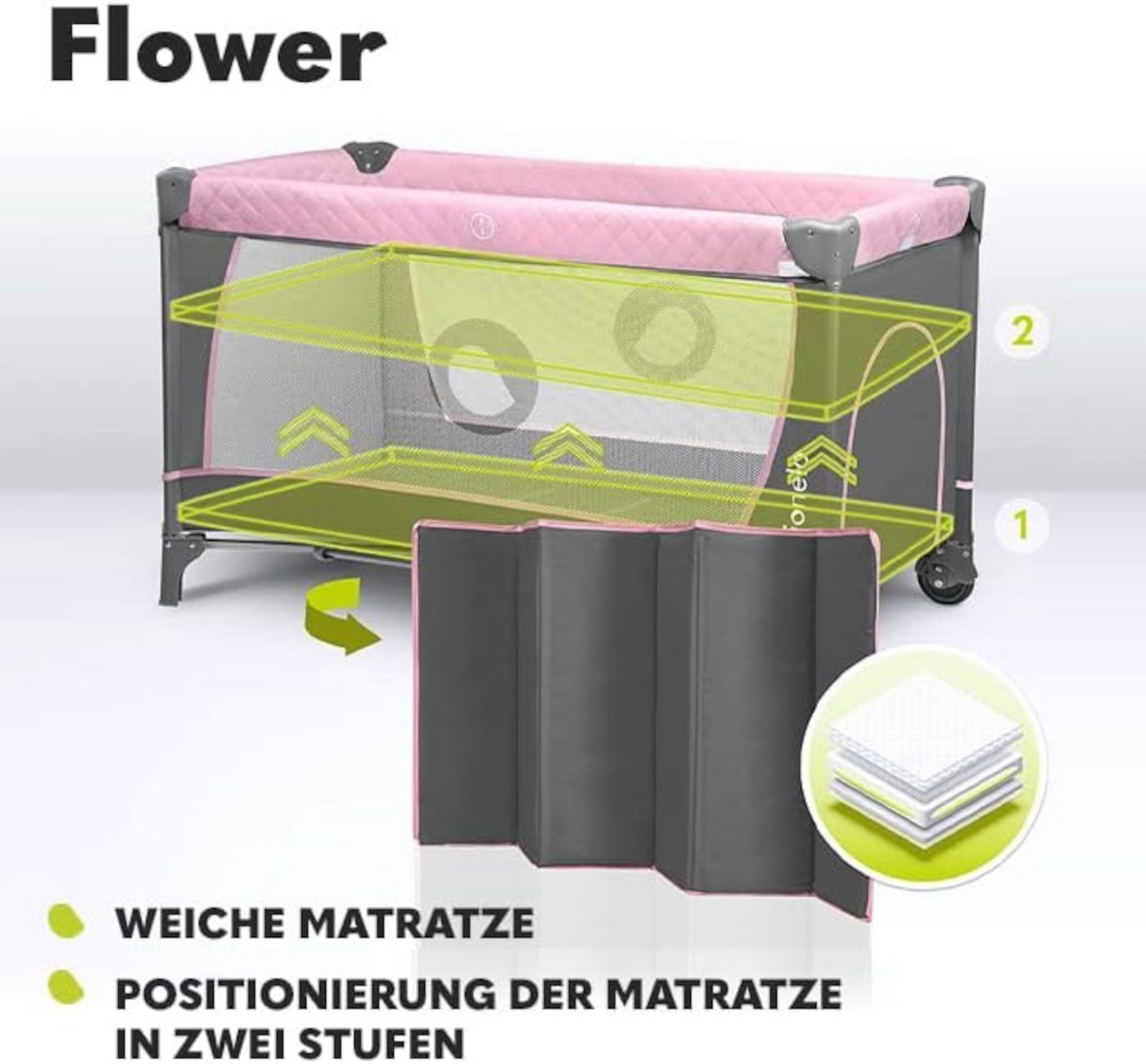 lionelo Baby-Reisebett FLOWER, 4in1:Laufstall Baby, Wickeltisch, Zwei Matratzenaufhängungshöhen – Bild 4 von 5