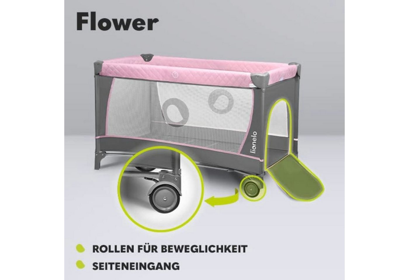 lionelo Baby-Reisebett FLOWER, 4in1:Laufstall Baby, Wickeltisch, Zwei Matratzenaufhängungshöhen – Bild 5 von 5