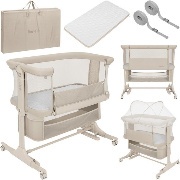 lionelo Baby-Reisebett JODIE, 3in1 Beistell/freistehend/Wiege/6 Stufen/Netzseiten/4 Rollen