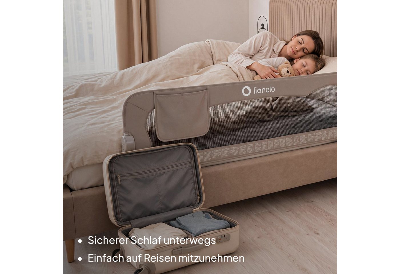 lionelo Bettschutzgitter Eva (TOP, Zwei Sicherheitsgurte, Neigungsverstellung, einfache Montage), Einfache Montage, Zusammenklappbar um 180 Grad, Robuste Konstr – Bild 5 von 5