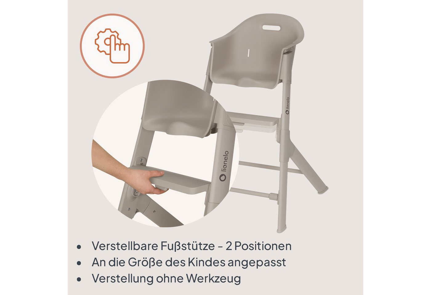lionelo Hochstuhl BENY (Set), Verstellbare Fußstütze / 2 Stufen / leicht zu reinigen – Bild 4 von 5