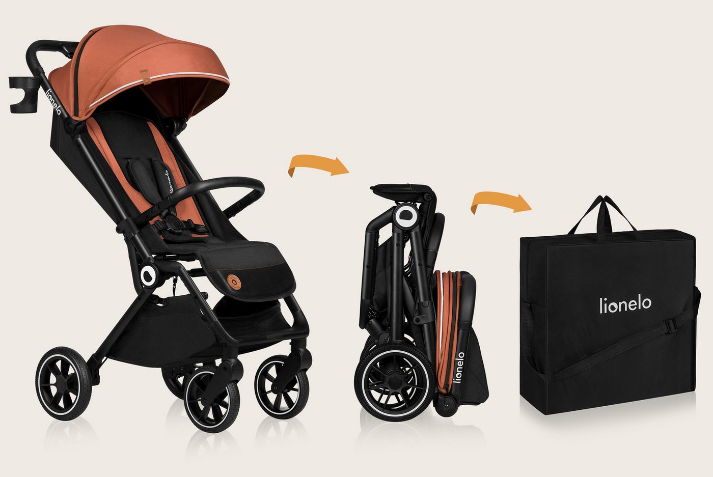 lionelo Kinder-Buggy CLOOE, (Set mit Moskitonetz, Becherhalter, Fußabdeckung und Tragegurt für die Schulter), Auto-Folding/PU-Räder/XXL-Verdeck/Tragegurt/8,2 kg – Bild 2 von 5