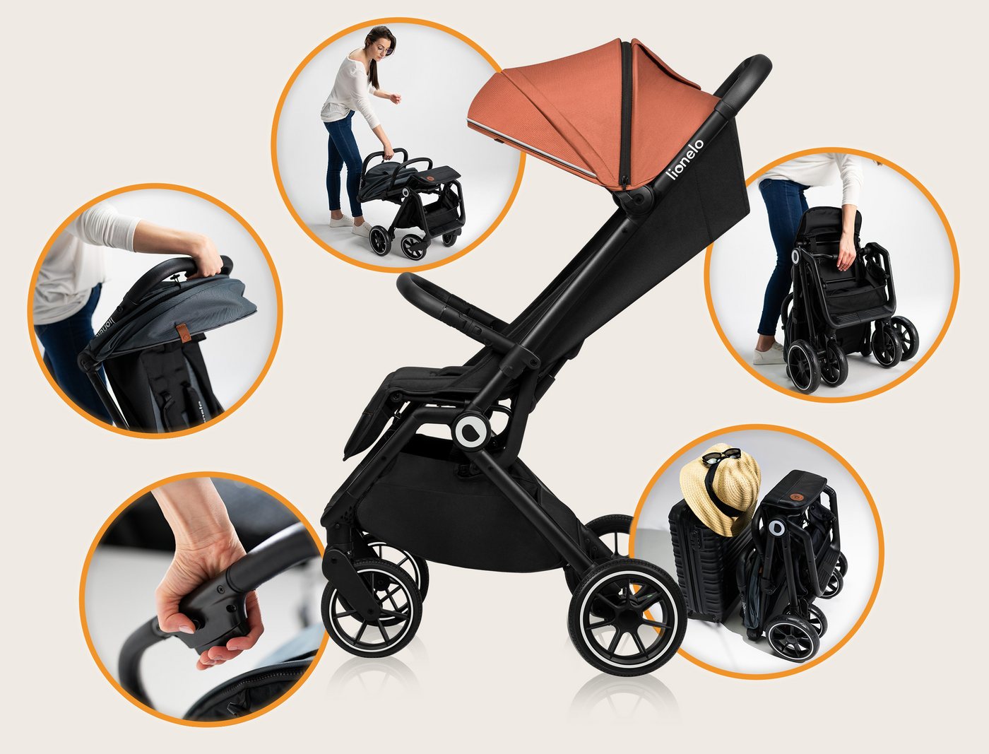 lionelo Kinder-Buggy CLOOE, (Set mit Moskitonetz, Becherhalter, Fußabdeckung und Tragegurt für die Schulter), Auto-Folding/PU-Räder/XXL-Verdeck/Tragegurt/8,2 kg – Bild 4 von 5