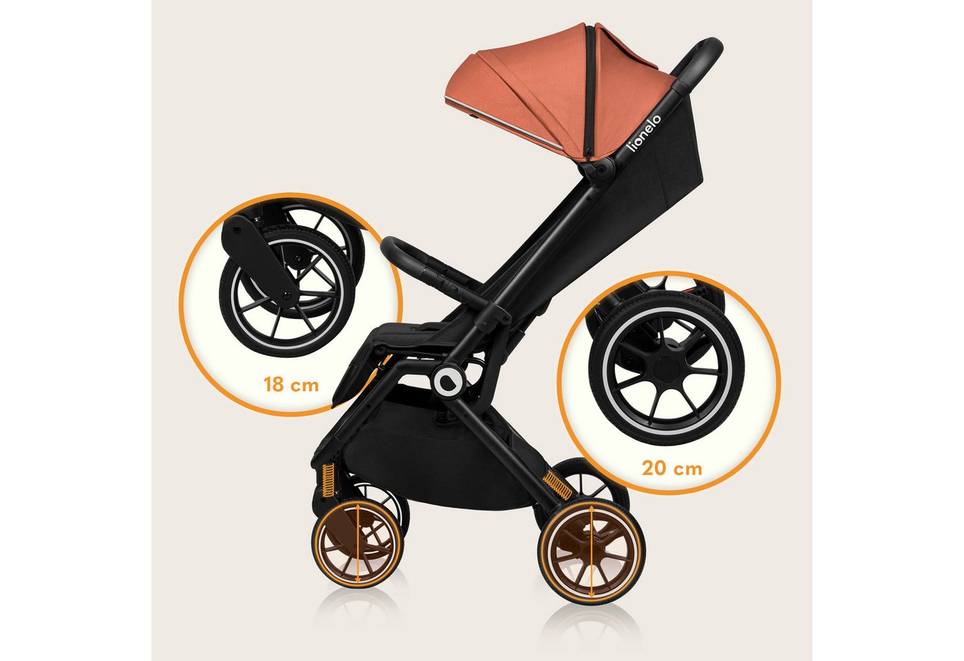 lionelo Kinder-Buggy CLOOE, (Set mit Moskitonetz, Becherhalter, Fußabdeckung und Tragegurt für die Schulter), Auto-Folding/PU-Räder/XXL-Verdeck/Tragegurt/8,2 kg – Bild 5 von 5