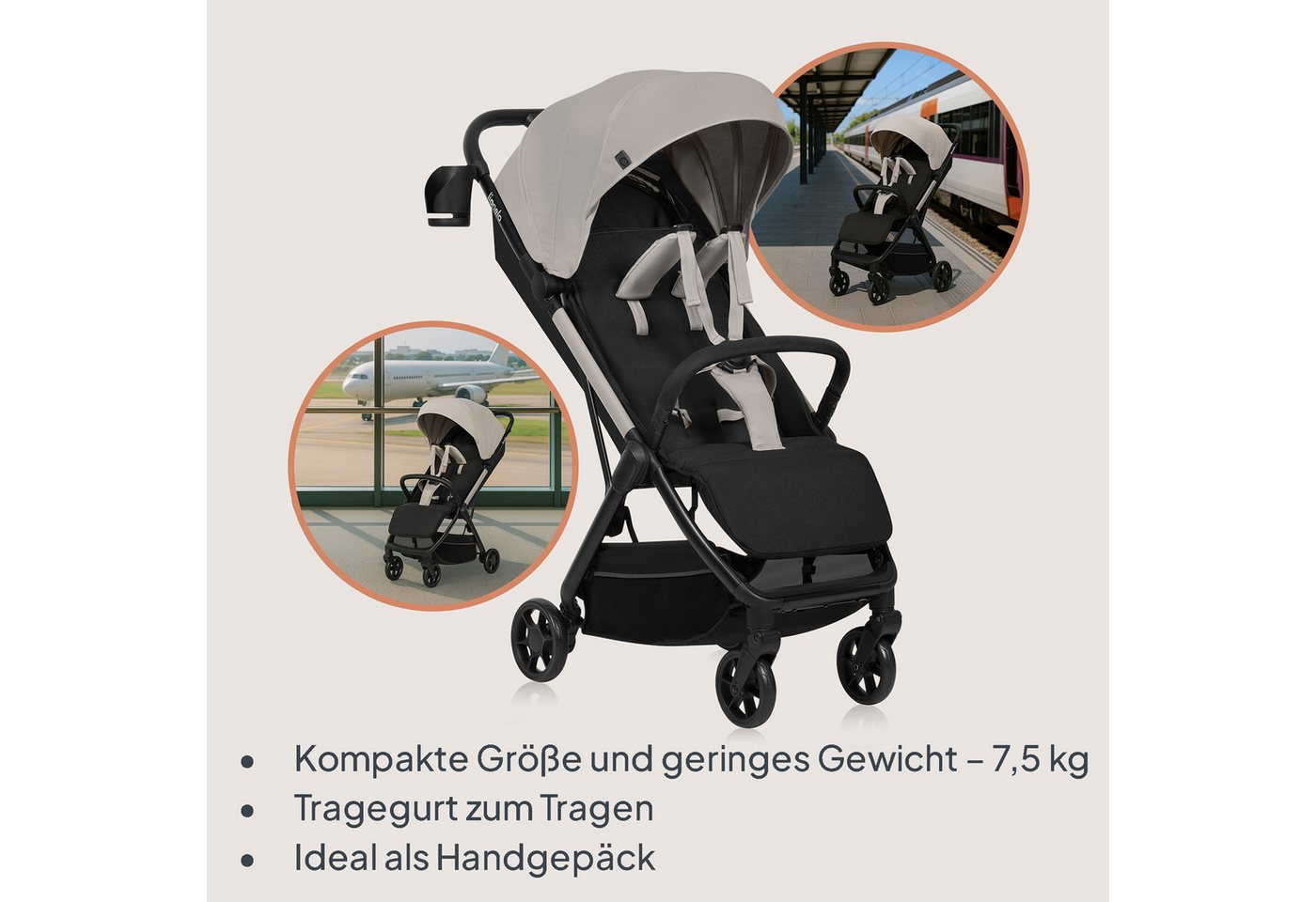 lionelo Kinder-Buggy JULIE AIR, (Set mit Becherhalter und Tragegurt für den Transport auf der Schulter), Auto-folding/Ultraleicht/UPF50+/Liegeposition/360°Rader – Bild 3 von 5