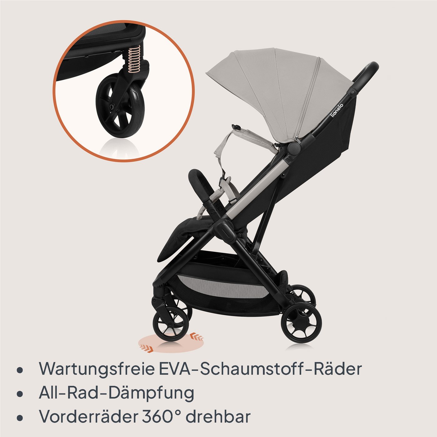 lionelo Kinder-Buggy JULIE AIR, (Set mit Becherhalter und Tragegurt für den Transport auf der Schulter), Auto-folding/Ultraleicht/UPF50+/Liegeposition/360°Rader – Bild 4 von 5