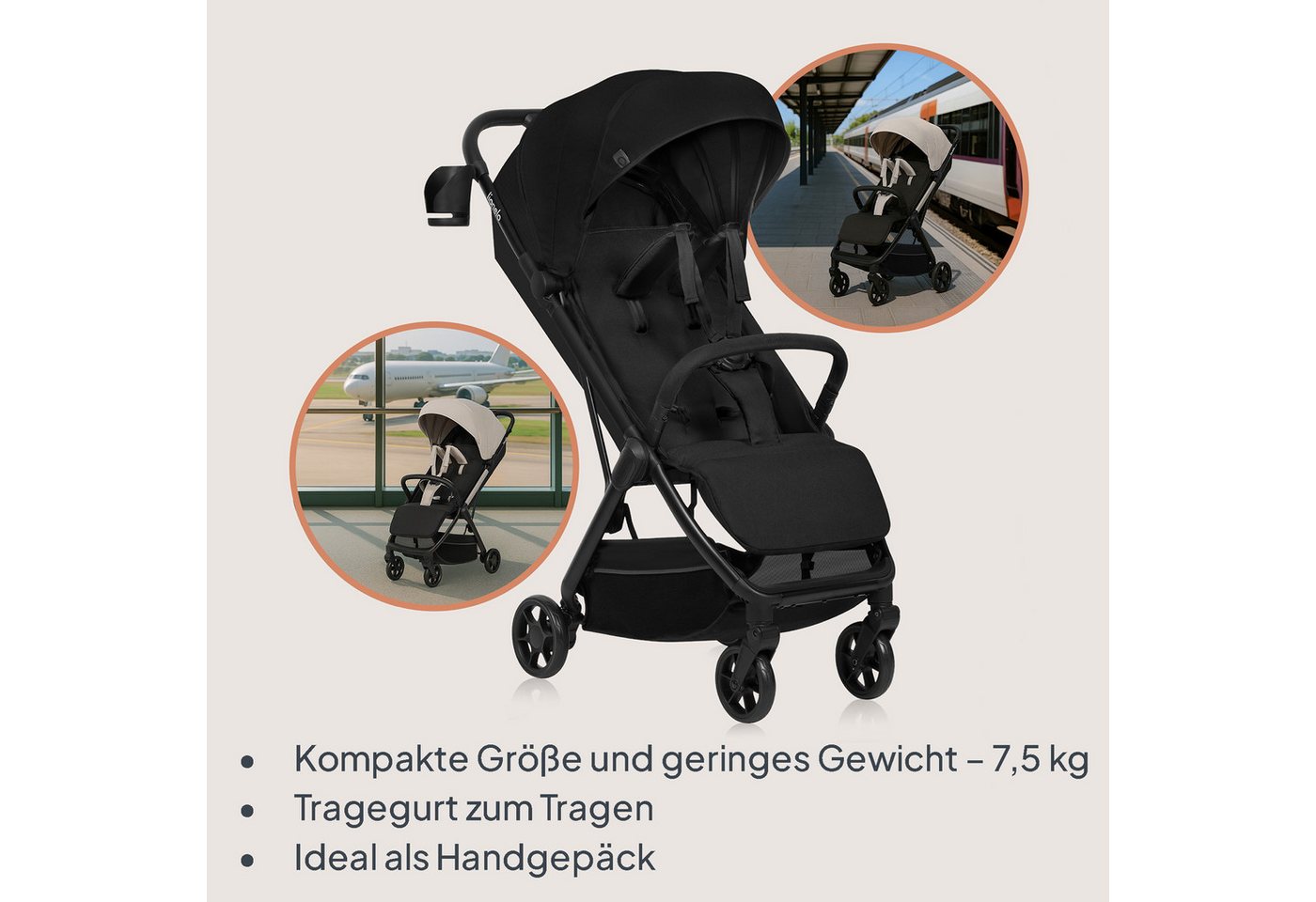 lionelo Kinder-Buggy JULIE AIR, (Set mit Becherhalter und Tragegurt für den Transport auf der Schulter), Auto-folding/Ultraleicht/UPF50+/Liegeposition/360°Rader – Bild 3 von 5