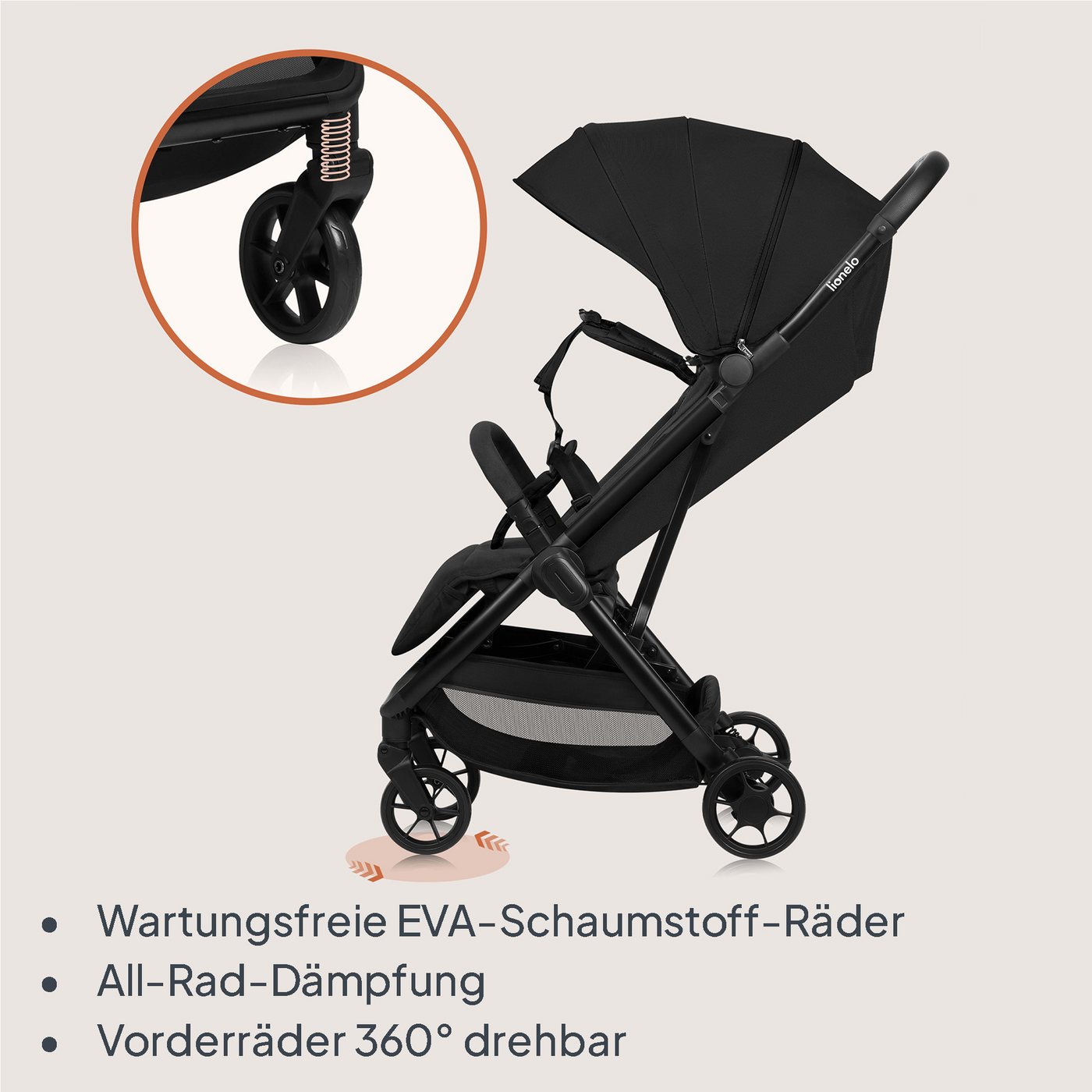 lionelo Kinder-Buggy JULIE AIR, (Set mit Becherhalter und Tragegurt für den Transport auf der Schulter), Auto-folding/Ultraleicht/UPF50+/Liegeposition/360°Rader – Bild 4 von 5