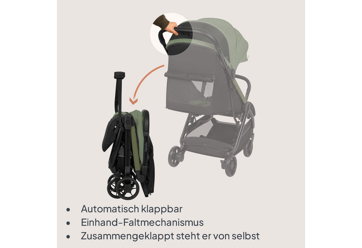 lionelo Kinder-Buggy JULIE AIR, (Set mit Becherhalter und Tragegurt für den Transport auf der Schulter), Auto-folding/Ultraleicht/UPF50+/Liegeposition/360°Rader – Bild 3 von 5