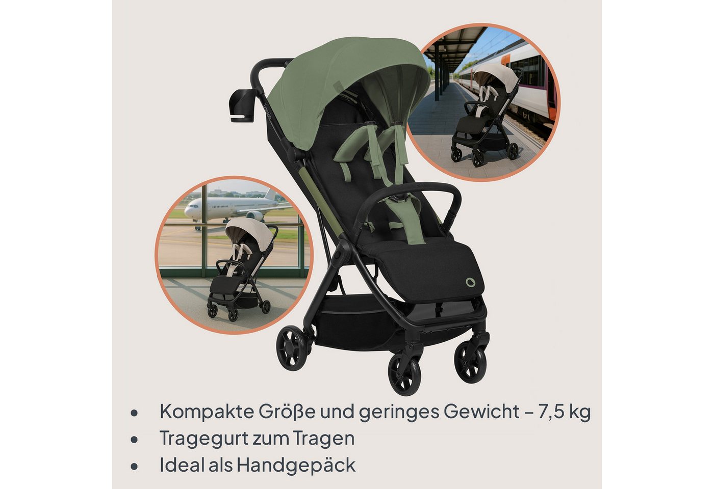 lionelo Kinder-Buggy JULIE AIR, (Set mit Becherhalter und Tragegurt für den Transport auf der Schulter), Auto-folding/Ultraleicht/UPF50+/Liegeposition/360°Rader – Bild 4 von 5