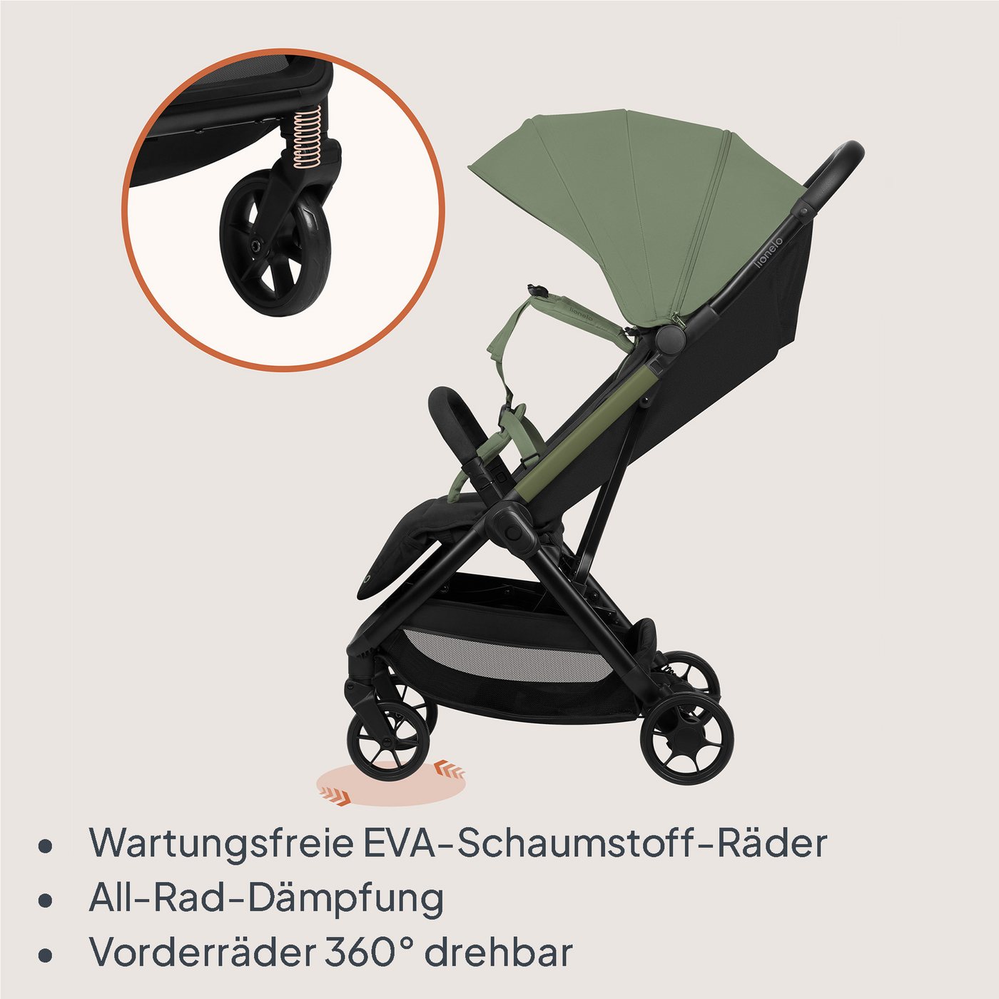lionelo Kinder-Buggy JULIE AIR, (Set mit Becherhalter und Tragegurt für den Transport auf der Schulter), Auto-folding/Ultraleicht/UPF50+/Liegeposition/360°Rader – Bild 5 von 5