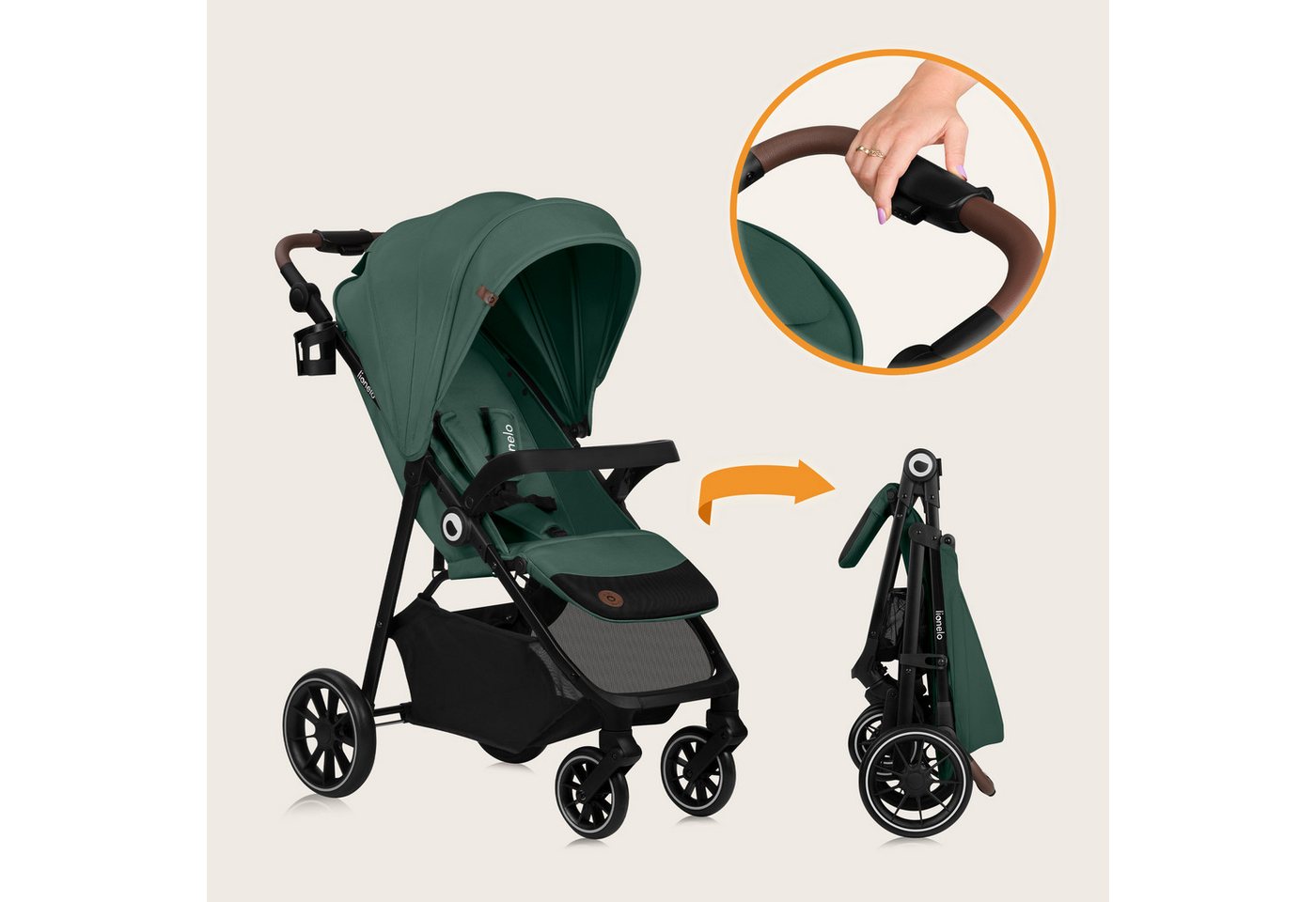 lionelo Kombi-Kinderwagen EMMA 1, (Set), Einhandfaltbar/Liegeposition/XXL-Verdeck/EVA-Räder – Bild 3 von 5
