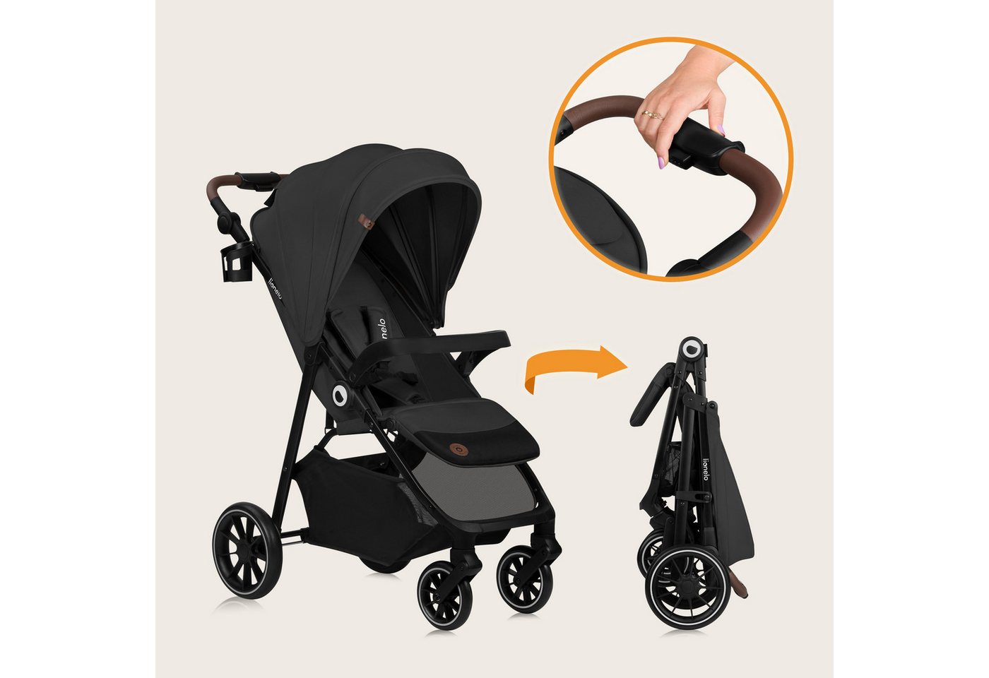 lionelo Kombi-Kinderwagen EMMA ONE, (Set), Wartungsfreie Räder/Einhand-Faltmechanismus/XXL-Verdeck – Bild 3 von 5
