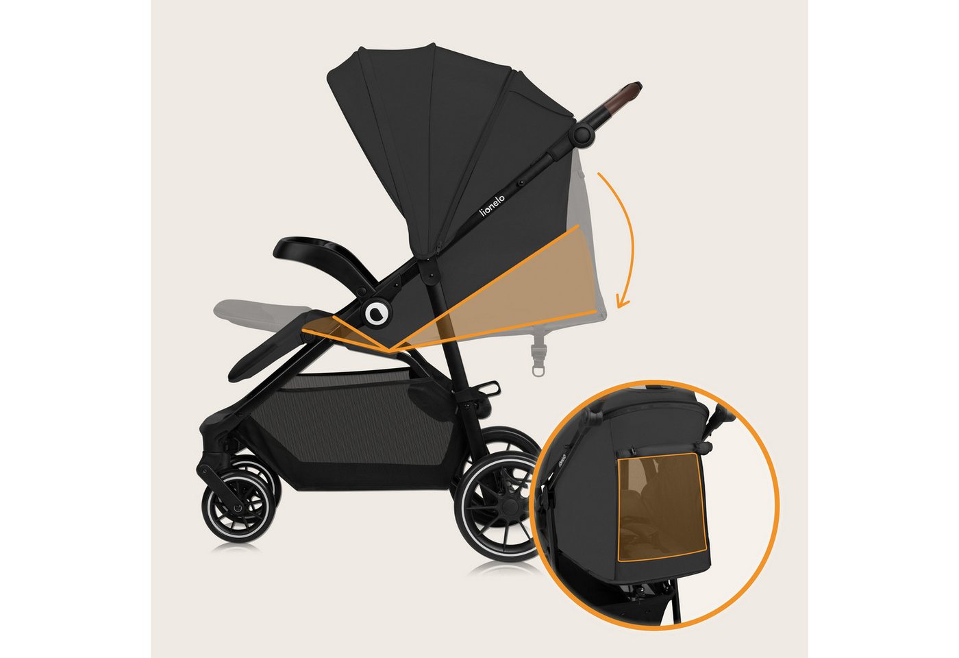 lionelo Kombi-Kinderwagen EMMA ONE, (Set), Wartungsfreie Räder/Einhand-Faltmechanismus/XXL-Verdeck – Bild 4 von 5