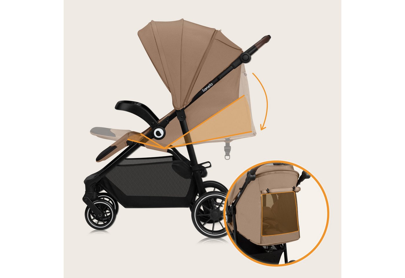 lionelo Kombi-Kinderwagen EMMA ONE, (Set), Wartungsfreie Räder/Einhand-Faltmechanismus/XXL-Verdeck – Bild 4 von 5