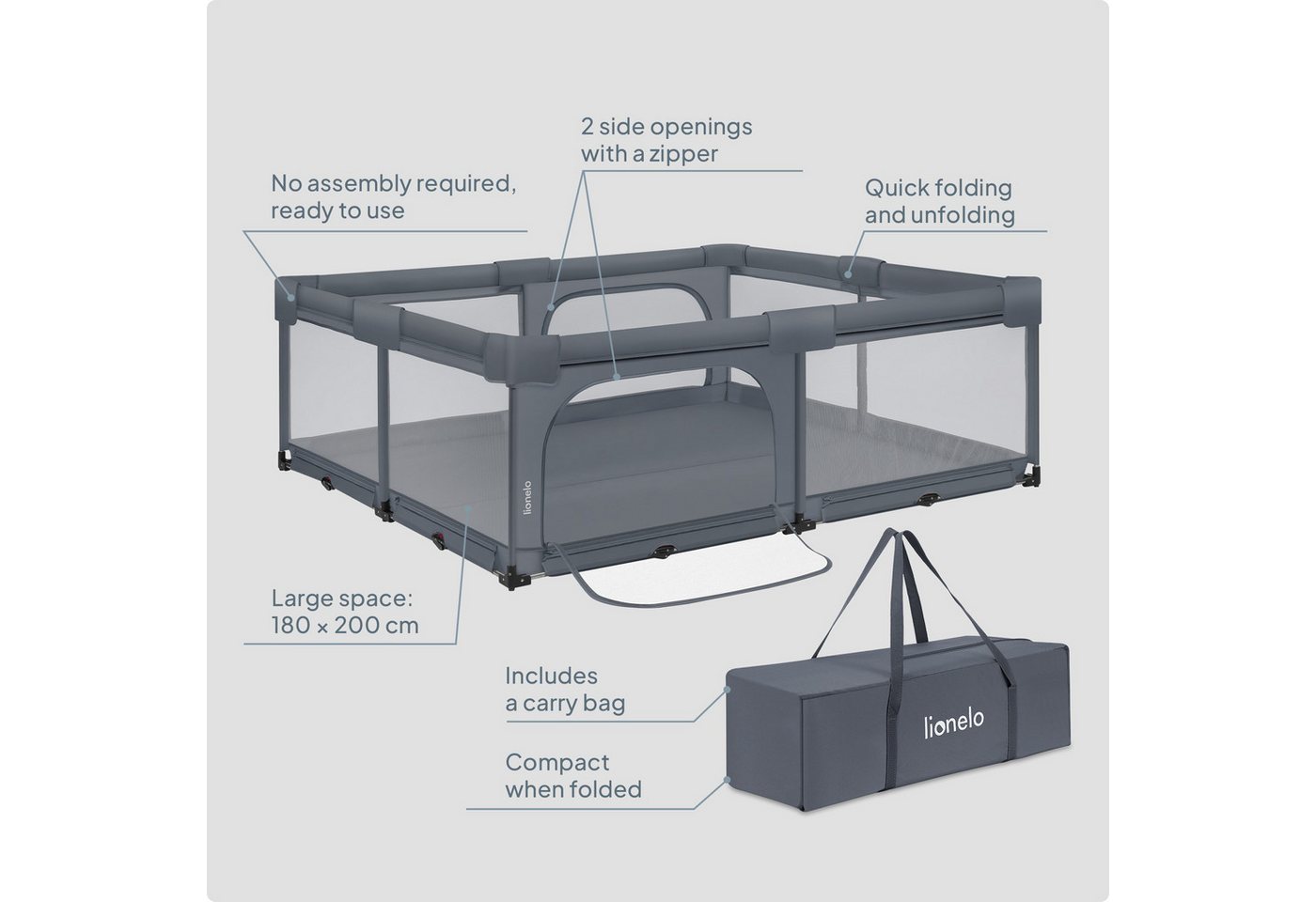 lionelo Laufgitter FLORENCE XL EASY FOLD (Set), EasyFold/180×200cm/keine Montage/2Eingänge/Netzseiten/Tasche – Bild 2 von 5