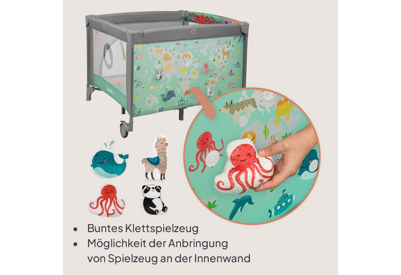 lionelo Laufgitter MILLE PLUS (Set mit Lernmatte und Tragetasche), Matratze/Spielzeug/Lernmatte/Reißverschluss-Eingang/Rollen – Bild 4 von 5