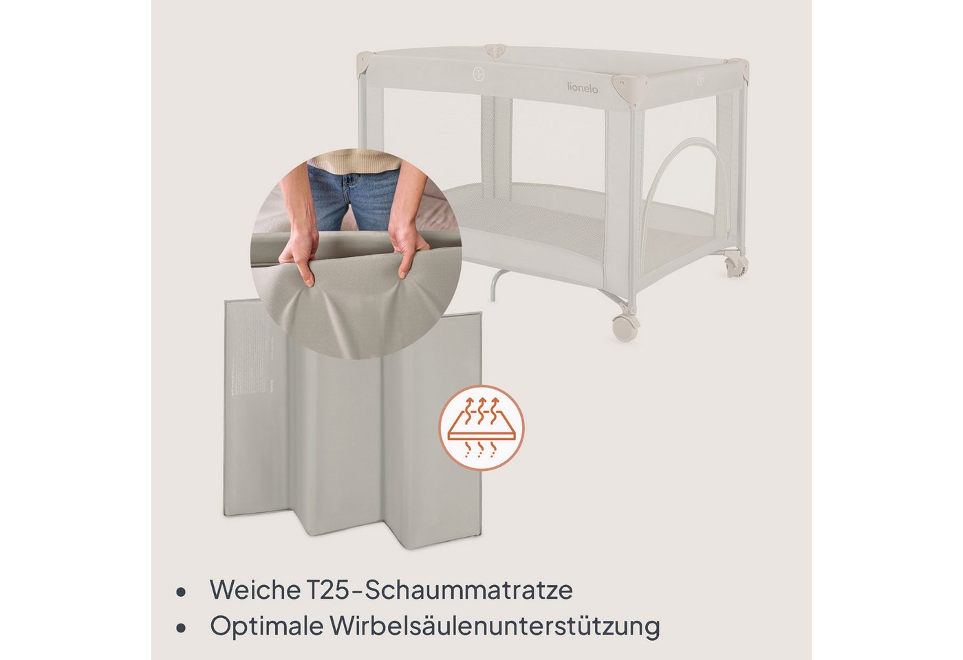 lionelo Reisebett AMELIE (Set, Reisebett / 2-cm-Matratze / Tragetasche) Kompakt/leicht/2cmMatratze/Seiteneingang/Netzseiten – Bild 4 von 5