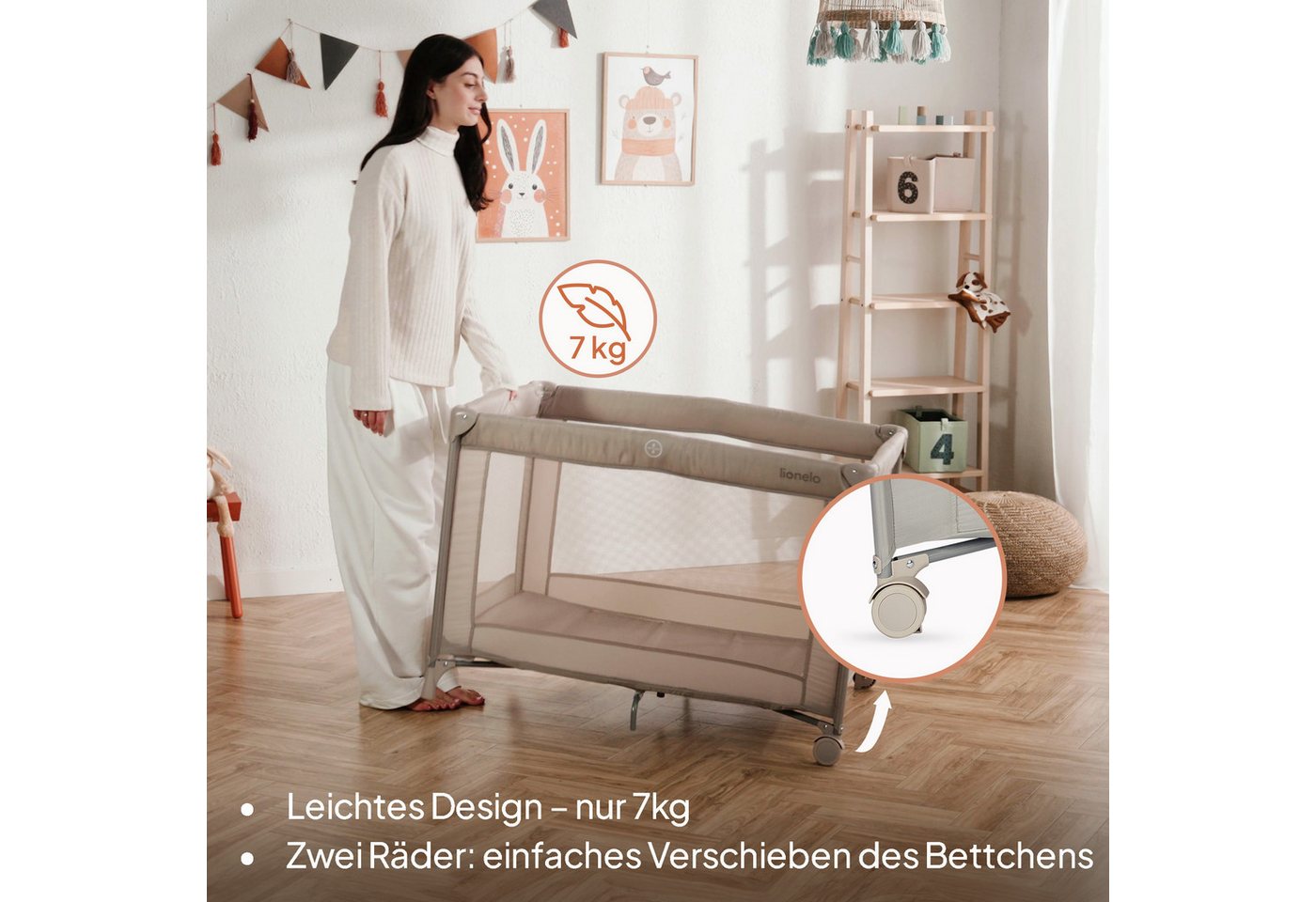 lionelo Reisebett AMELIE (Set, Reisebett / 2-cm-Matratze / Tragetasche) Kompakt/leicht/2cmMatratze/Seiteneingang/Netzseiten – Bild 5 von 5