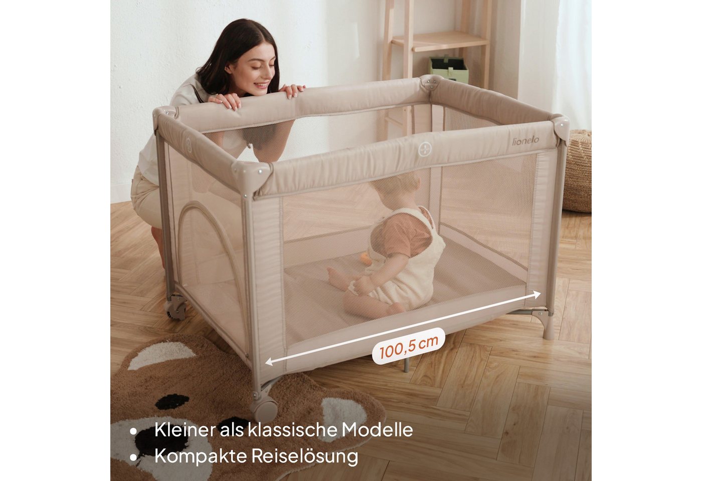 lionelo Reisebett AMELIE (Set, Reisebett / 2-cm-Matratze / Tragetasche) Kompakt/leicht/2cmMatratze/Seiteneingang/Netzseiten – Bild 3 von 5
