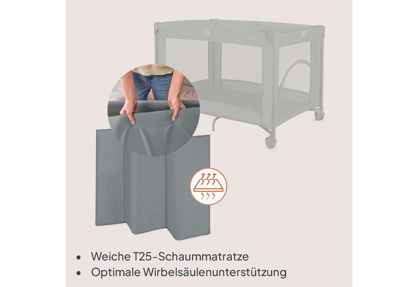 lionelo Reisebett AMELIE (Set, Reisebett / 2-cm-Matratze / Tragetasche) Kompakt/leicht/2cmMatratze/Seiteneingang/Netzseiten – Bild 4 von 5