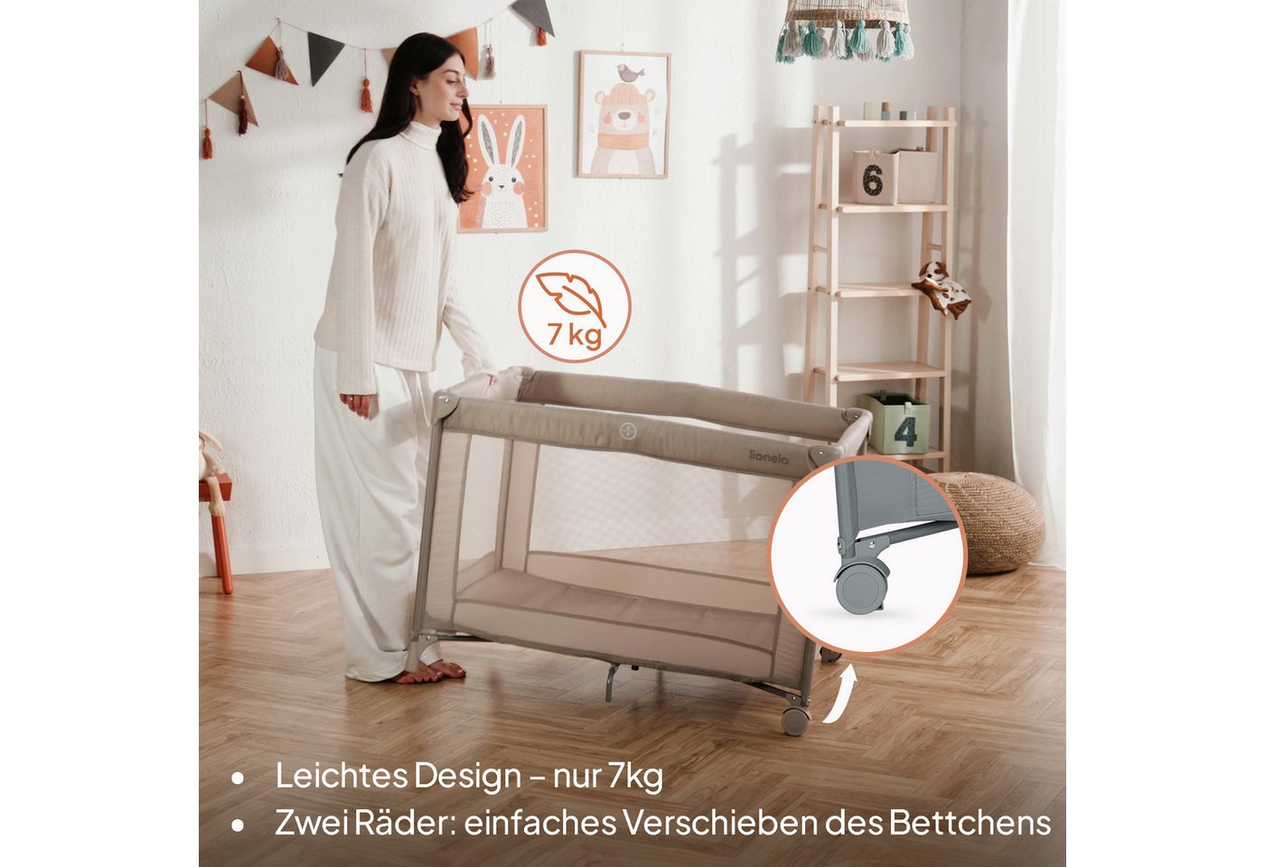 lionelo Reisebett AMELIE (Set, Reisebett / 2-cm-Matratze / Tragetasche) Kompakt/leicht/2cmMatratze/Seiteneingang/Netzseiten – Bild 5 von 5