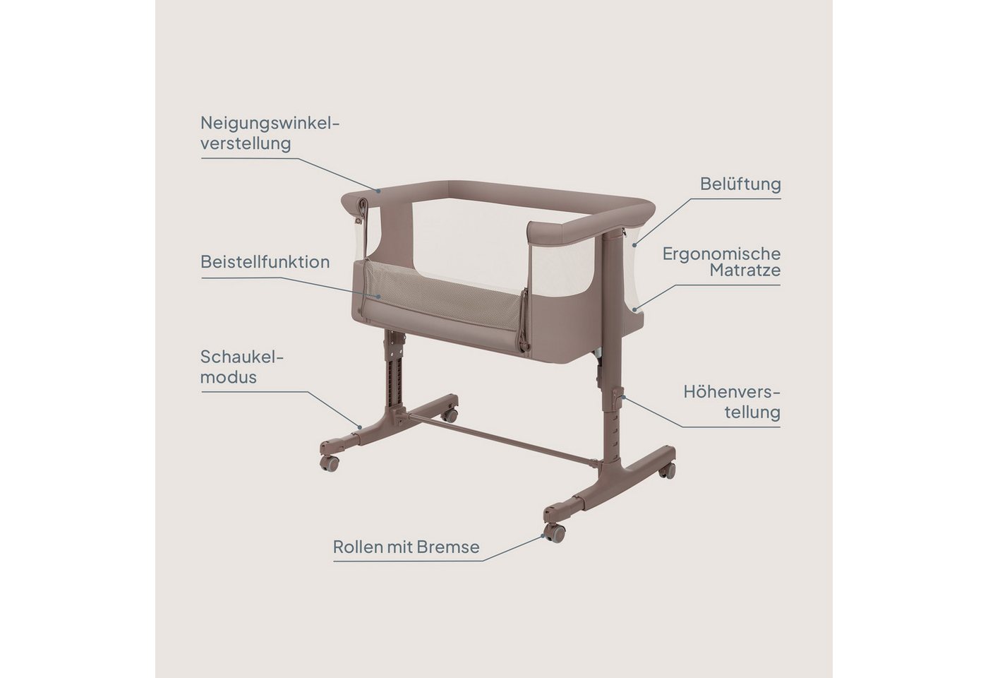 lionelo Reisebett AURORA (Set, Bettchen, Matratze, Transporttasche, Befestigungsgurte) 3in1/Wiege/5 Höhen/4 Bremsrollen/T20-Matratze – Bild 2 von 5