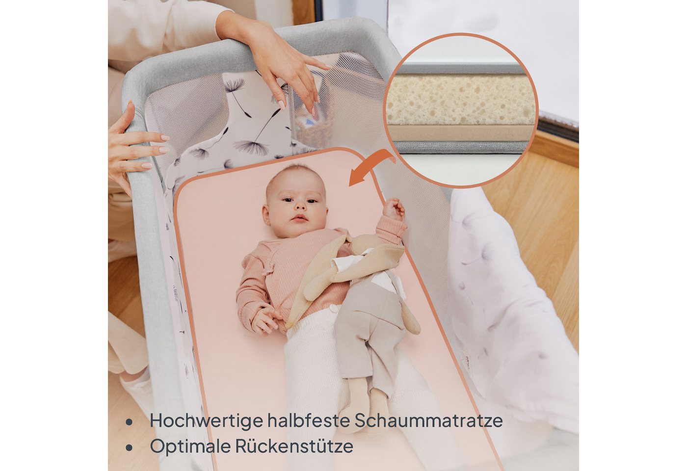 lionelo Reisebett AURORA (Set, Bettchen, Matratze, Transporttasche, Befestigungsgurte) 3in1/Wiege/5 Höhen/4 Bremsrollen/T20-Matratze – Bild 3 von 5