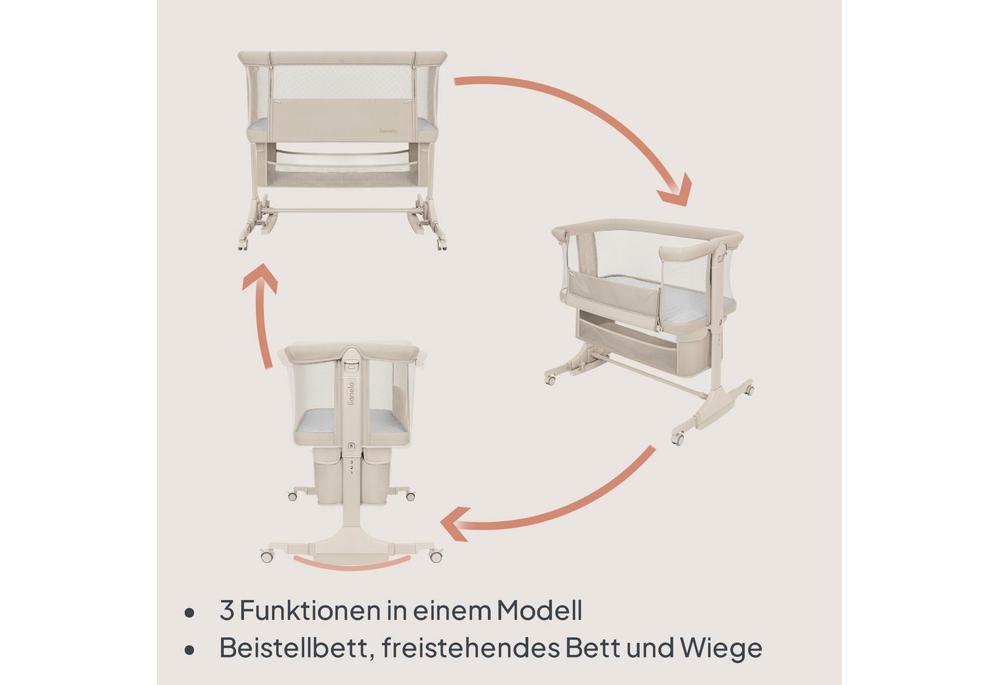 lionelo Reisebett JODIE (Set, 3-in-1-Bettchen: Beistellbett, freistehend und Wiege) 3-in-1/6 Höhenstufen/Wiegefunktion/4 Rollen mit Bremse – Bild 3 von 5