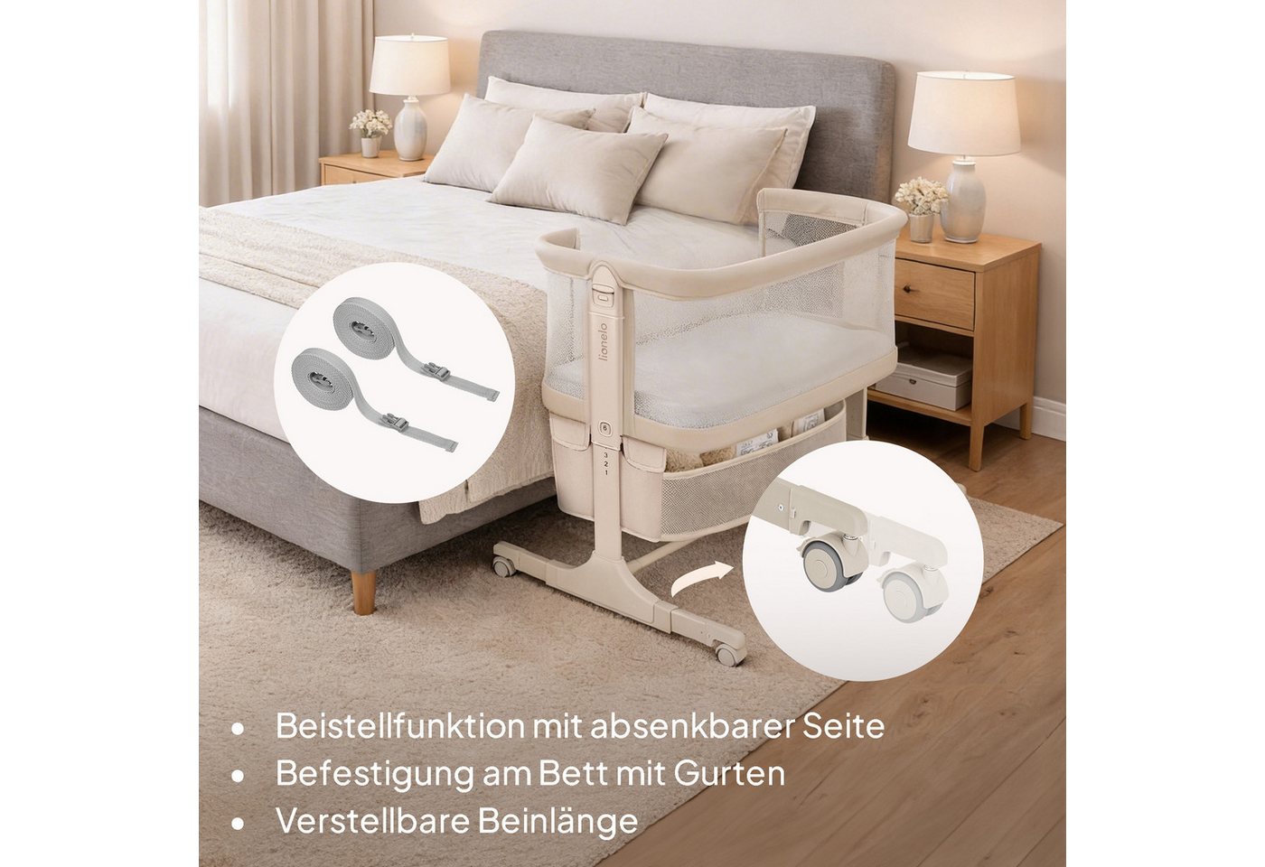 lionelo Reisebett JODIE (Set, 3-in-1-Bettchen: Beistellbett, freistehend und Wiege) 3-in-1/6 Höhenstufen/Wiegefunktion/4 Rollen mit Bremse – Bild 4 von 5