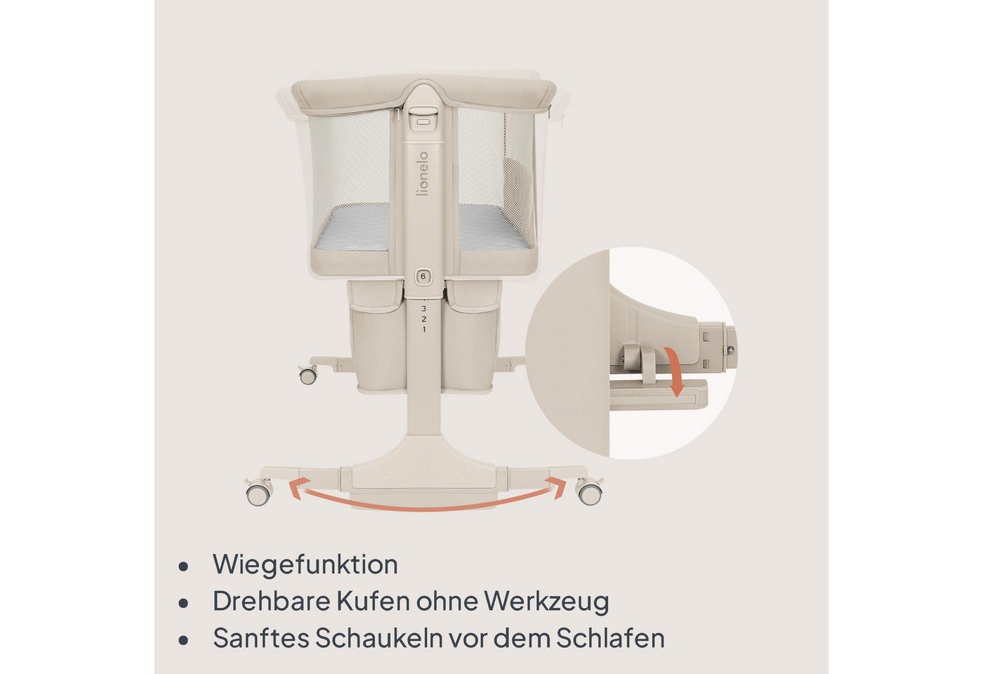 lionelo Reisebett JODIE (Set, 3-in-1-Bettchen: Beistellbett, freistehend und Wiege) 3-in-1/6 Höhenstufen/Wiegefunktion/4 Rollen mit Bremse – Bild 5 von 5