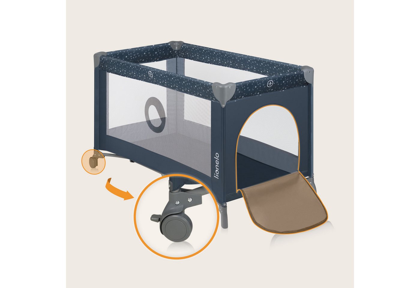 lionelo Reisebett STEFI (Set, 2in1 Reisebett und Laufstall) 2in1/LockGuard/Seiteneinstieg/2 Rollen mit Bremsen/Kompakt – Bild 5 von 5