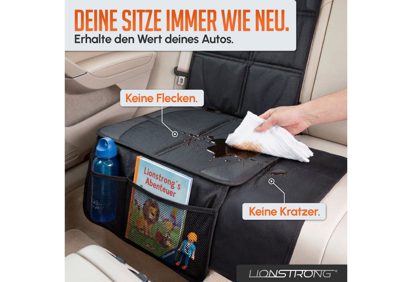 LIONSTRONG Kindersitzunterlage Premium, Autositzschoner [ISOFIX GEEIGNET], wasserabweisender Polyester Stoff, Sitzschutz Sitzschoner Auto Kindersitz - universel – Bild 2 von 5